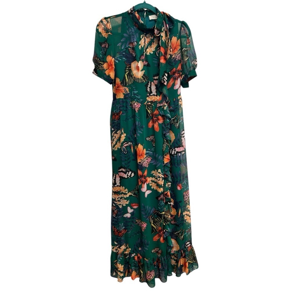 Green Floral Butterflies Mock Neck Sheer Short Sleeve Ruffle Maxi Dress Small